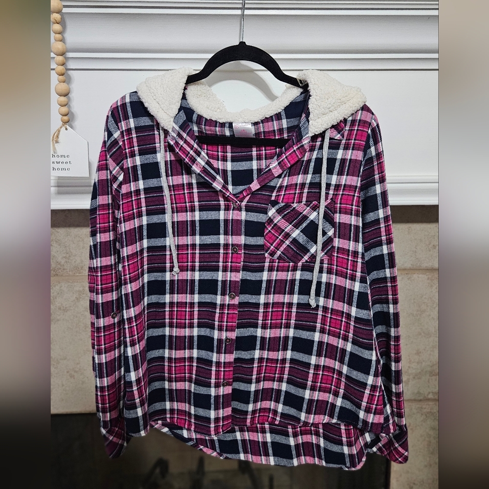 No Boundaries Pink and Navy Plaid Shirt with Sherpa Hood